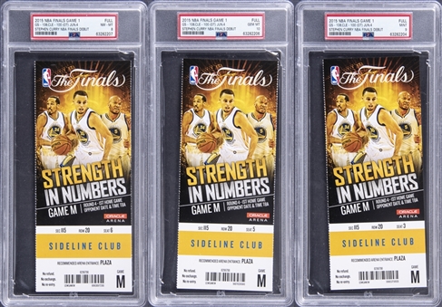 2015 NBA Finals Golden State Warriors/Cleveland Cavaliers Game One Full Ticket Lot Of Three From Currys NBA Finals Debut - All PSA Graded NM-GEM MT Condition